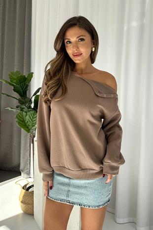 İçi Şardonlu Düşük Omuz Detaylı Kadın Sweatshirt - Kahverengi