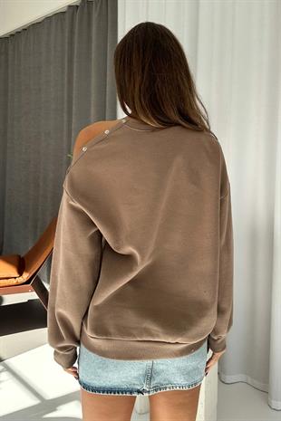 İçi Şardonlu Düşük Omuz Detaylı Kadın Sweatshirt - Kahverengi
