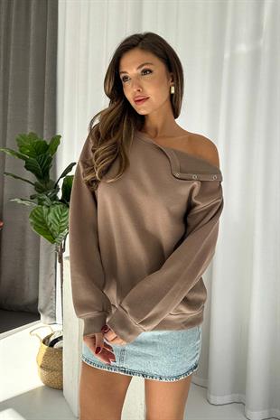 İçi Şardonlu Düşük Omuz Detaylı Kadın Sweatshirt - Kahverengi
