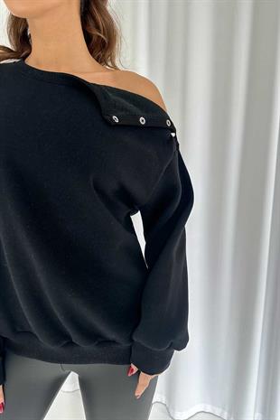 İçi Şardonlu Düşük Omuz Detaylı Kadın Sweatshirt - Siyah