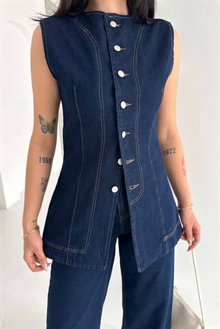 İkili Yelek Pantolon Denim Takım