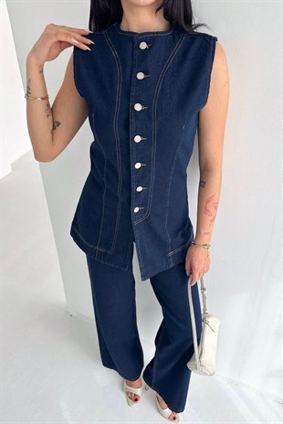 İkili Yelek Pantolon Denim Takım