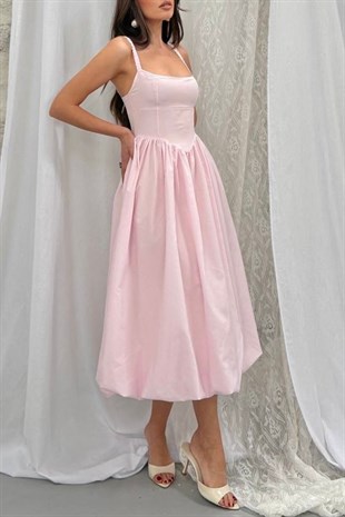 İnce Askılı Belden Oturan Balon Etekli Kadın Elbise - Pembe