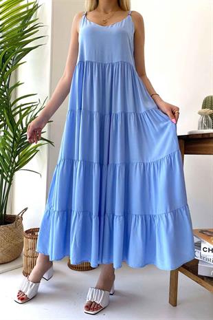 İnce Askılı Kat kat Uzun Elbise