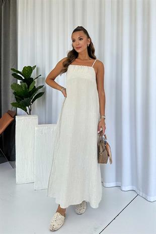 İnce Askılı Kolsuz Keten Kendinden Kırışık Kadın Elbise - Ekru