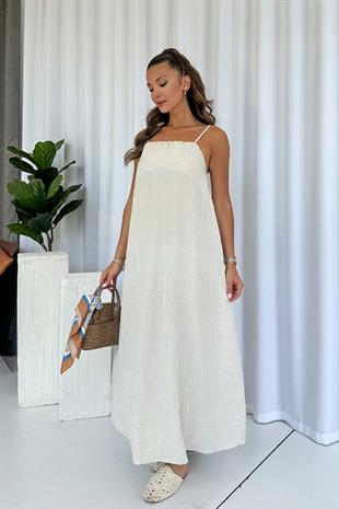 İnce Askılı Kolsuz Keten Kendinden Kırışık Kadın Elbise - Ekru