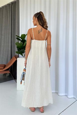 İnce Askılı Kolsuz Keten Kendinden Kırışık Kadın Elbise - Ekru
