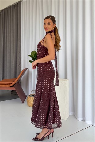 İnce Askılı Puantiye Kalp Yaka Kadın Elbise - Kahverengi