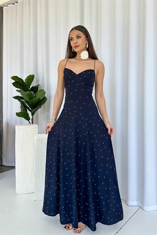 İnce Askılı Puantiyeli Kolsuz Sırtı Gipeli Kadın Elbise - Lacivert