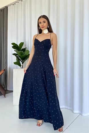 İnce Askılı Puantiyeli Kolsuz Sırtı Gipeli Kadın Elbise - Lacivert