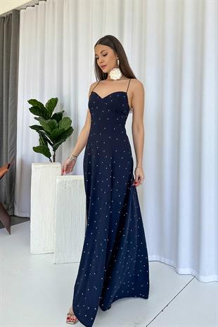 İnce Askılı Puantiyeli Kolsuz Sırtı Gipeli Kadın Elbise - Lacivert