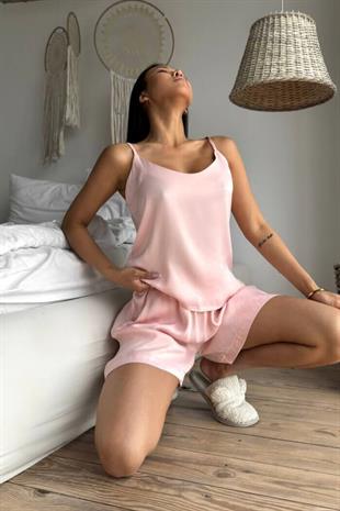 İnce Askılı Şortlu Pijama Takımı - Pembe