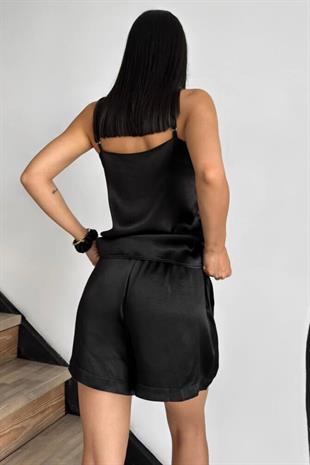 İnce Askılı Şortlu Pijama Takımı - Siyah