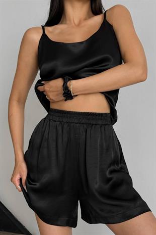 İnce Askılı Şortlu Pijama Takımı - Siyah