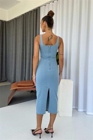 İnce Askılı U Yaka Fermuarlı Denim Kadın Elbise - Buz Mavi
