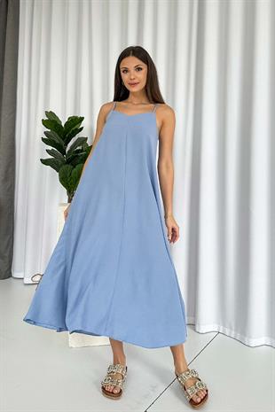 İnce Askılı V Yaka Uzun Elbise - Bebe Mavi