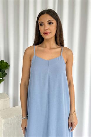 İnce Askılı V Yaka Uzun Elbise - Bebe Mavi