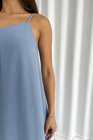 İnce Askılı V Yaka Uzun Elbise - Bebe Mavi