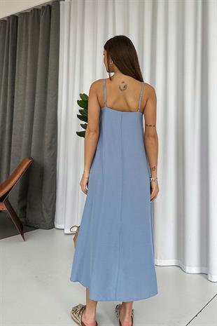 İnce Askılı V Yaka Uzun Elbise - Bebe Mavi