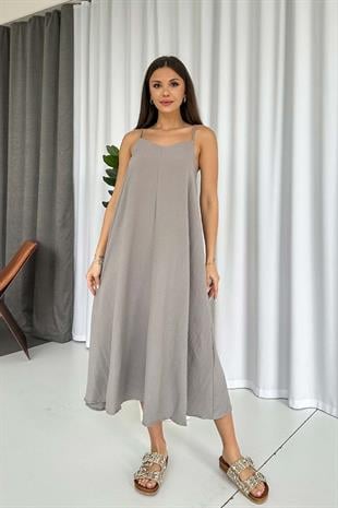 İnce Askılı V Yaka Uzun Elbise - Gri