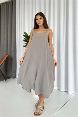 İnce Askılı V Yaka Uzun Elbise - Gri