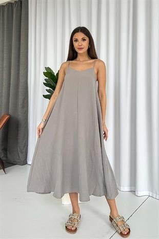 İnce Askılı V Yaka Uzun Elbise - Gri