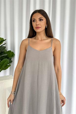 İnce Askılı V Yaka Uzun Elbise - Gri