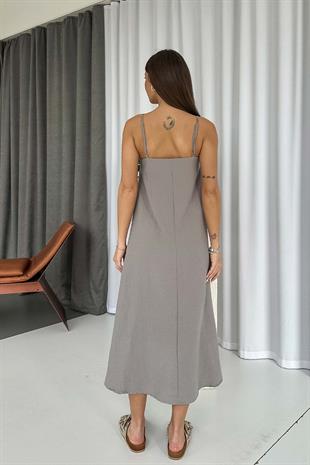 İnce Askılı V Yaka Uzun Elbise - Gri