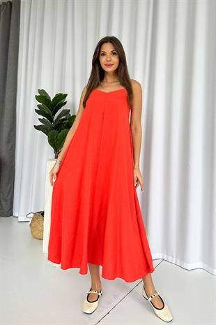 İnce Askılı V Yaka Uzun Elbise - Nar Çiçeği