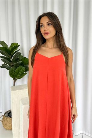 İnce Askılı V Yaka Uzun Elbise - Nar Çiçeği