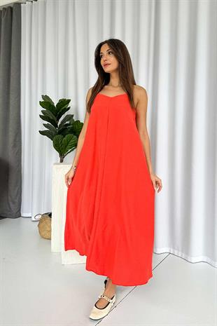 İnce Askılı V Yaka Uzun Elbise - Nar Çiçeği