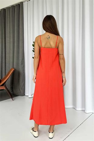 İnce Askılı V Yaka Uzun Elbise - Nar Çiçeği