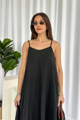 İnce Askılı V Yaka Uzun Elbise - Siyah