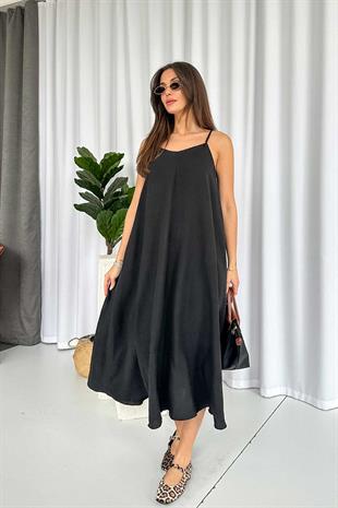 İnce Askılı V Yaka Uzun Elbise - Siyah