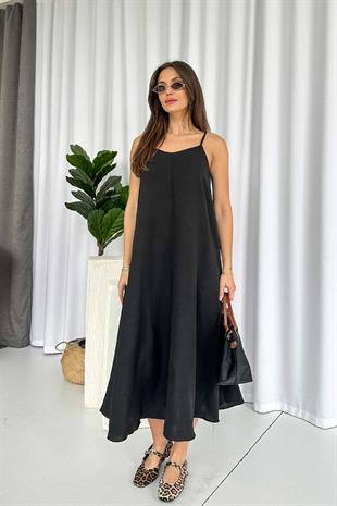 İnce Askılı V Yaka Uzun Elbise - Siyah