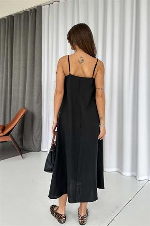 İnce Askılı V Yaka Uzun Elbise - Siyah
