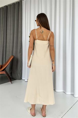 İnce Askılı V Yaka Uzun Elbise - Taş