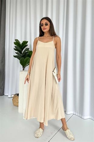 İnce Askılı V Yaka Uzun Elbise - Taş