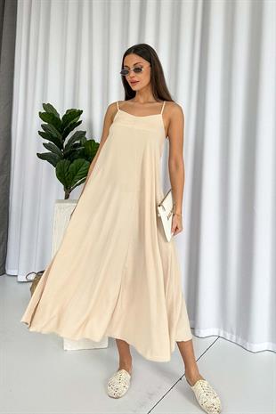 İnce Askılı V Yaka Uzun Elbise - Taş