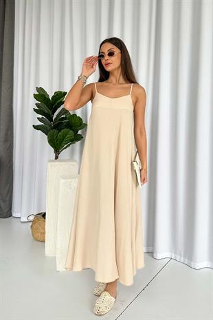 İnce Askılı V Yaka Uzun Elbise - Taş