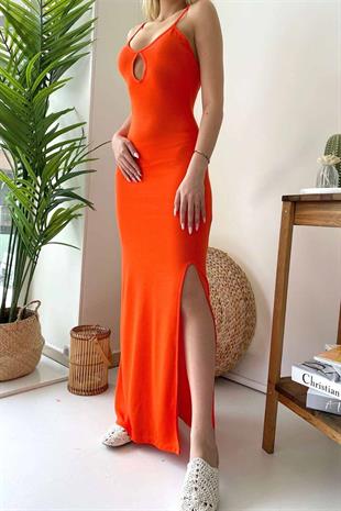 İp Askı Basic Uzun Elbise - Turuncu