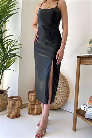 İp Askı Yırtmaç Detay Deri Elbise - Siyah