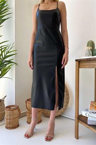 İp Askı Yırtmaç Detay Deri Elbise - Siyah