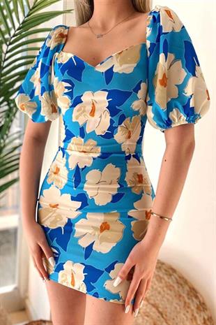 İri Çiçek Desenli Mini Hira Elbise - Mavi