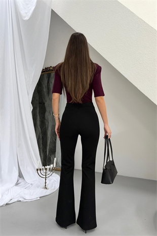 İspanyol Paça Gold Detaylı Toparlayıcı Kadın Tayt - Siyah