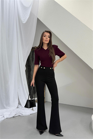 İspanyol Paça Gold Detaylı Toparlayıcı Kadın Tayt - Siyah