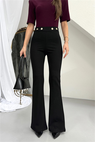 İspanyol Paça Gold Detaylı Toparlayıcı Kadın Tayt - Siyah