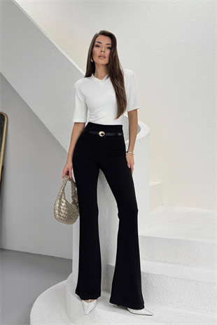 İspanyol Paça Kemerli Toparlayıcı Kadın Tayt - Siyah