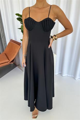 İstiridye Göğüs Detaylı Uzun Askılı Kadın Elbise - Siyah