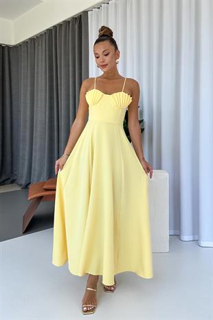 İstiridye Göğüs Detaylı Uzun Askılı Kadın Elbise - Sarı